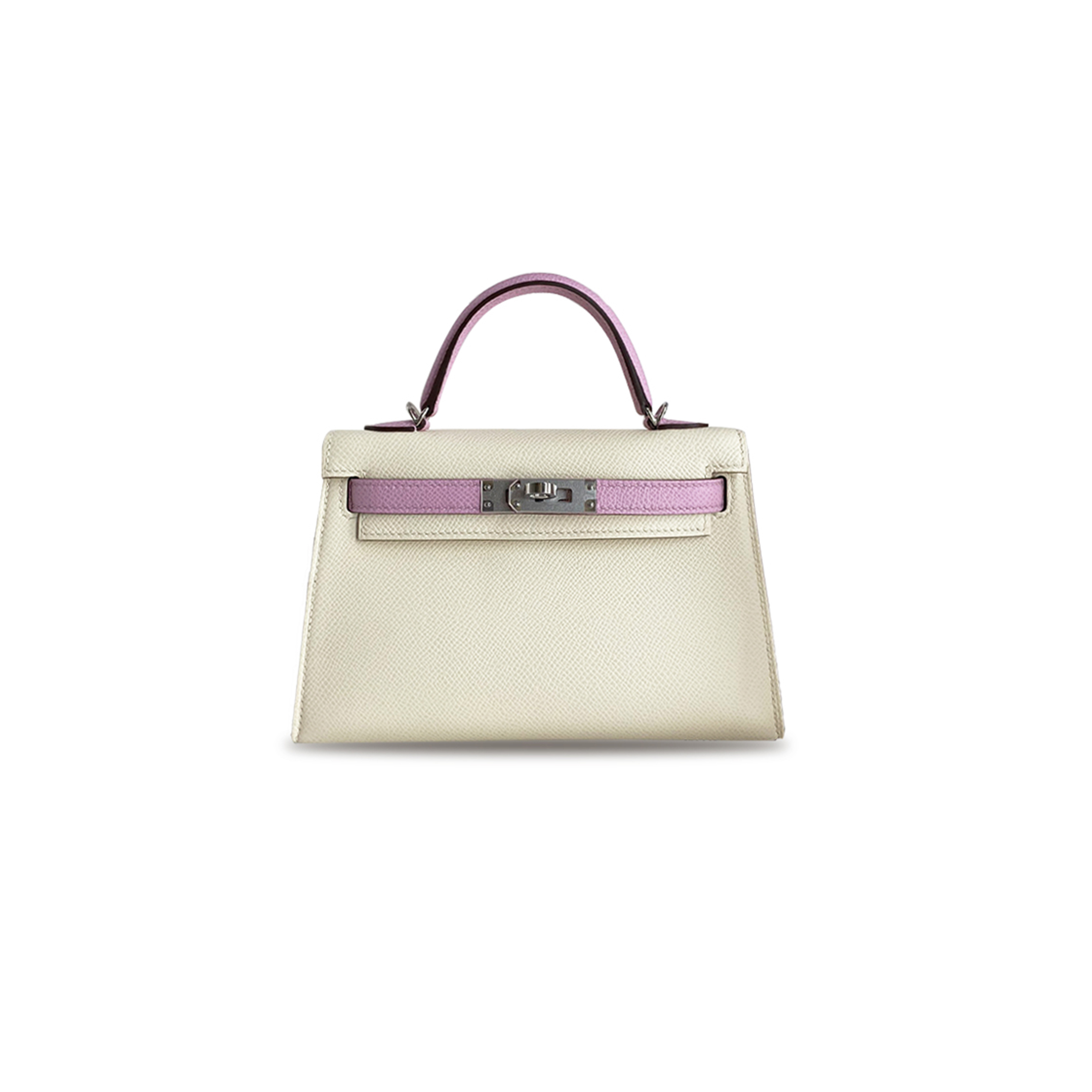 HERMÈS MASTER MINI KELLY II EPSOM CREAM WHITE WITH MALLOW PURPLE SILVER BUCKLE (19*12*5.5cm)